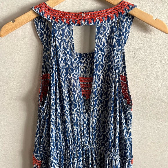 THML Blue Red Embroidered Boho Maxi Dress M Ikat Print Sleeveless Summer - Picture 6 of 7